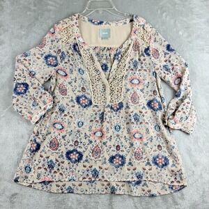 Maeve Top‎ 6 Neutral Motif Floral Stillwater Blouse Henley Crochet Trim Feminine